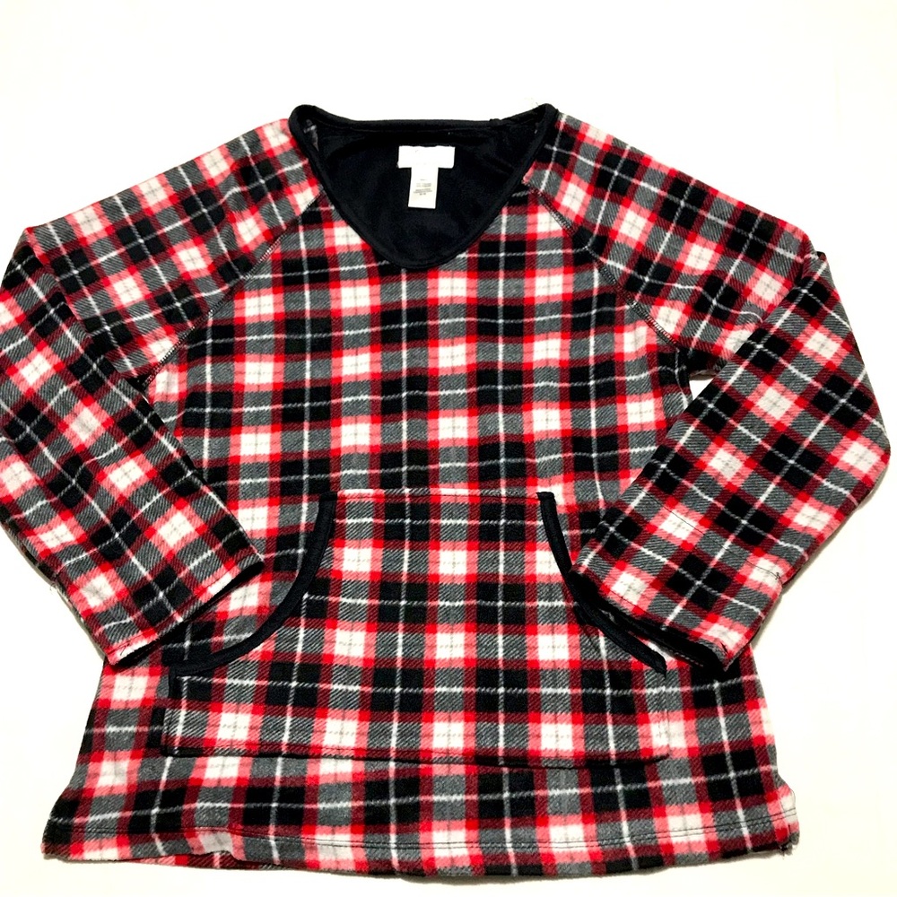 OSCAR DE LA RENTA loungewear top fleece plaid red black gray size Medium - Picture 2 of 10